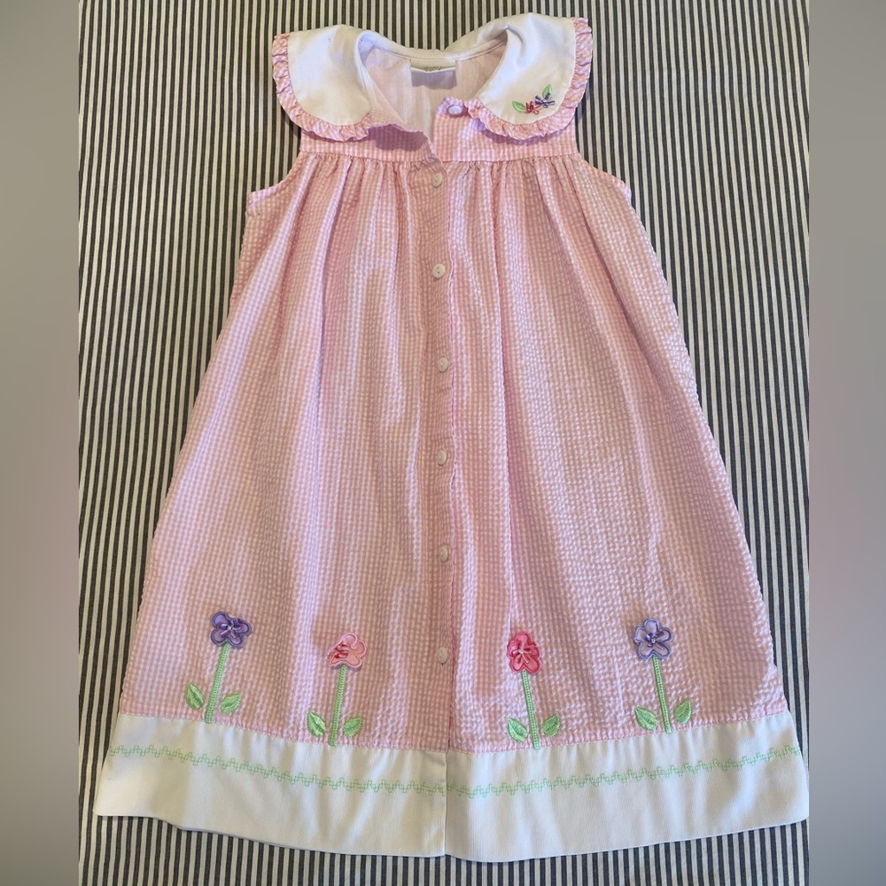 NWOT Seersucker Pink Stripe Sleeveless Dress w/embellishments
